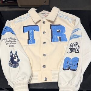 True Religion Cream and Light Blue Varsity Jacket for women’s